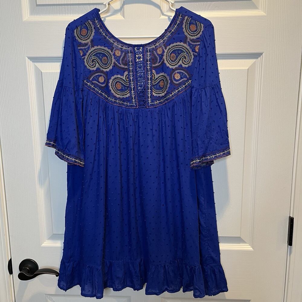 Umgee Small Blue Women's Paisley Embroidered Bell Sleeve Mini Dress Bohemian - Picture 3 of 10